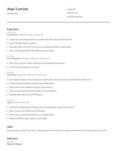 Lead Foreman Resume