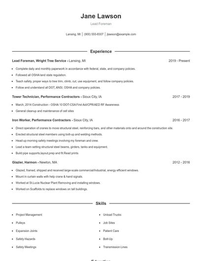 Lead Foreman Resume