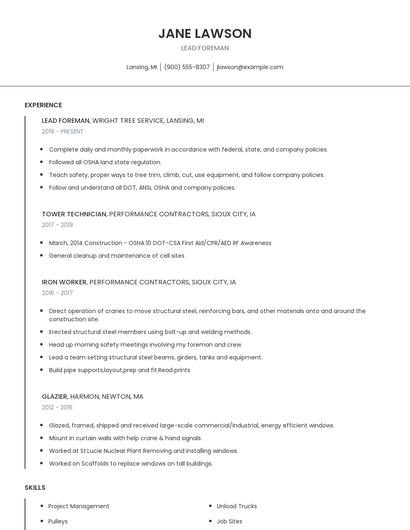 Lead Foreman Resume