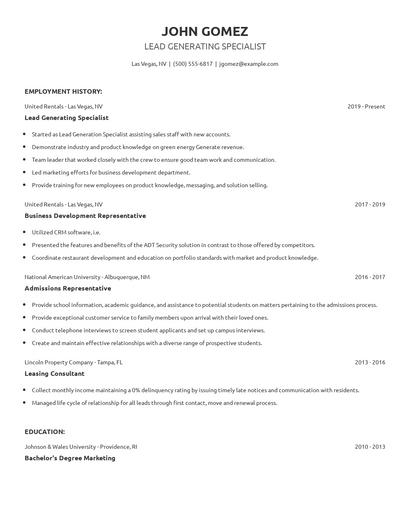 Lead Generating Specialist Resume