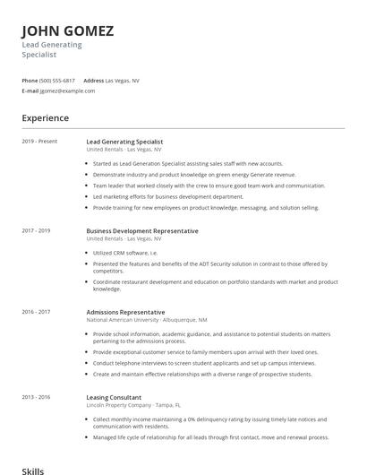 Lead Generating Specialist Resume