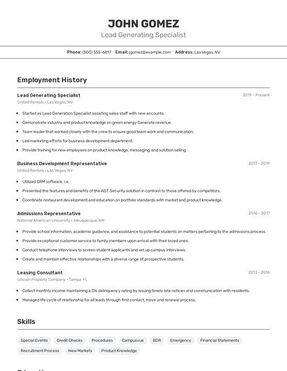Lead Generating Specialist Resume