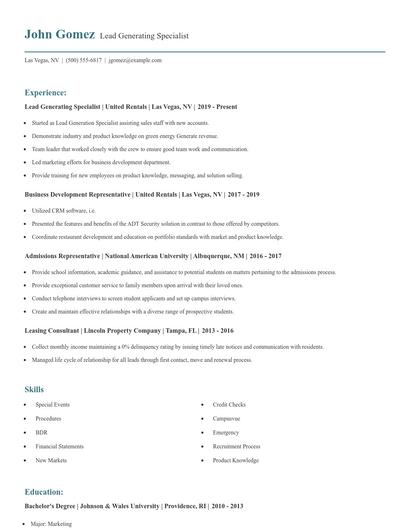 Lead Generating Specialist Resume