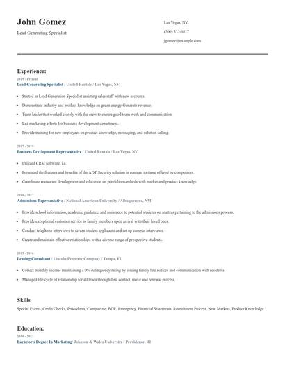 Lead Generating Specialist Resume