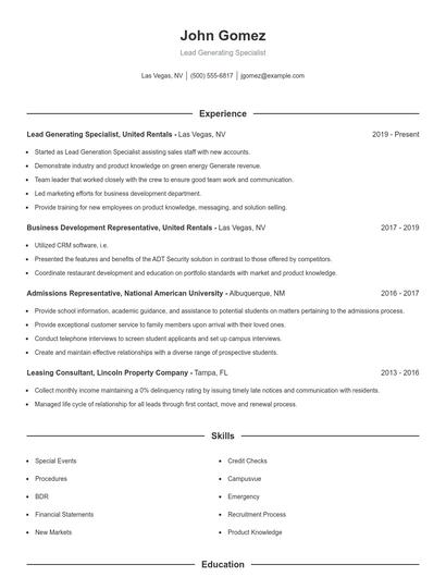 Lead Generating Specialist Resume