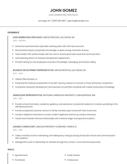 Lead Generating Specialist Resume