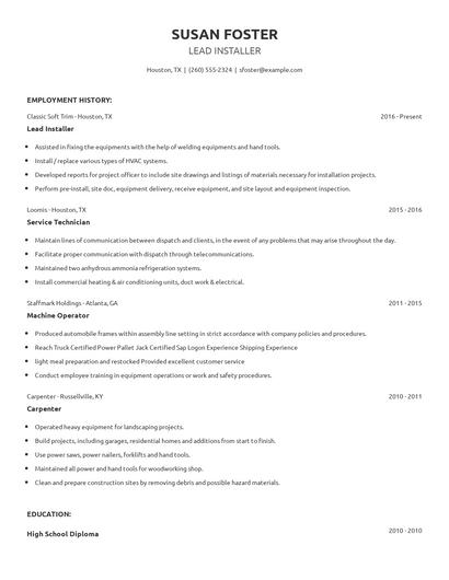 Lead Installer Resume