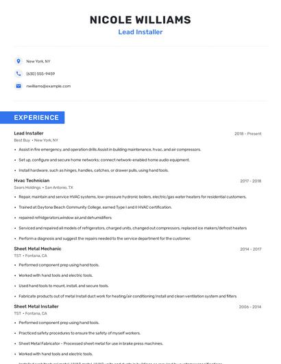 Lead Installer Resume