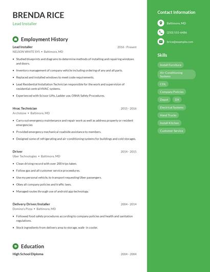Lead Installer Resume