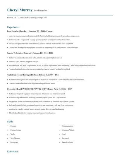 Lead Installer Resume