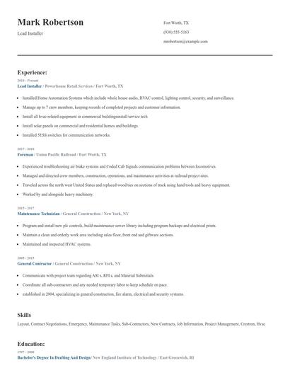 Lead Installer Resume