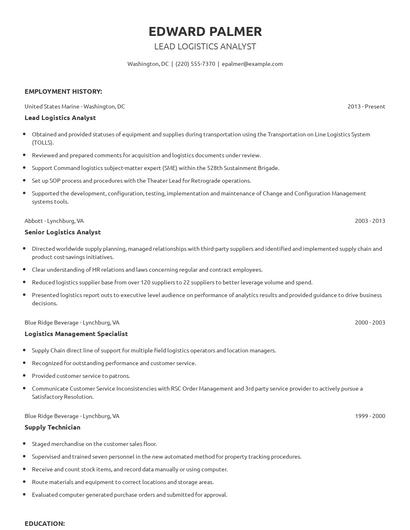 Lead Logistics Analyst Resume