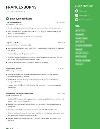 Lead Logistics Analyst Resume