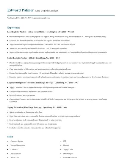 Lead Logistics Analyst Resume