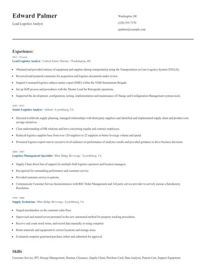 Lead Logistics Analyst Resume