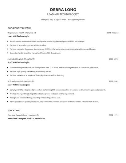 Lead MRI Technologist Resume
