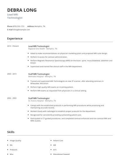 Lead MRI Technologist Resume