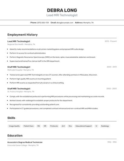 Lead MRI Technologist Resume