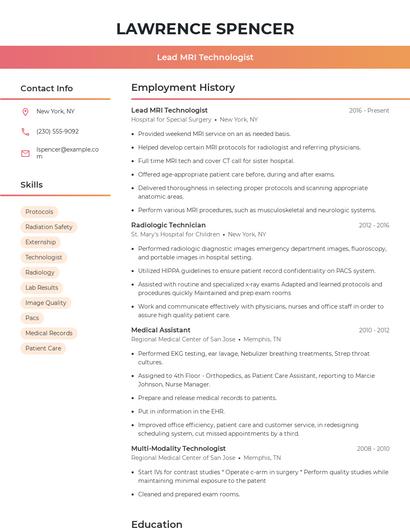 Lead MRI Technologist Resume