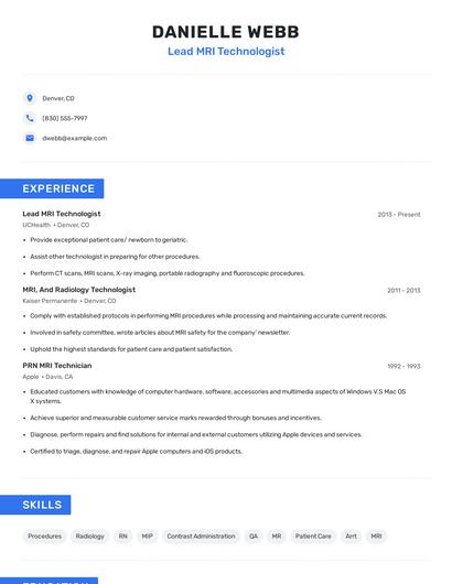 Lead MRI Technologist Resume
