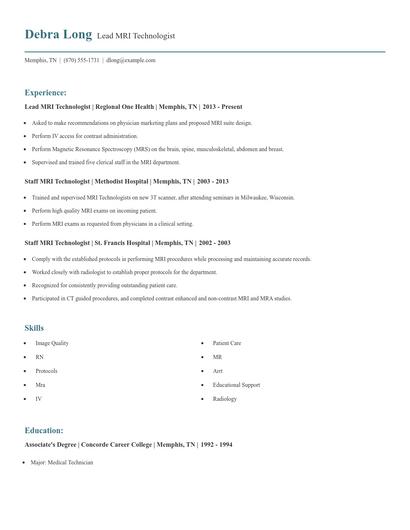 Lead MRI Technologist Resume