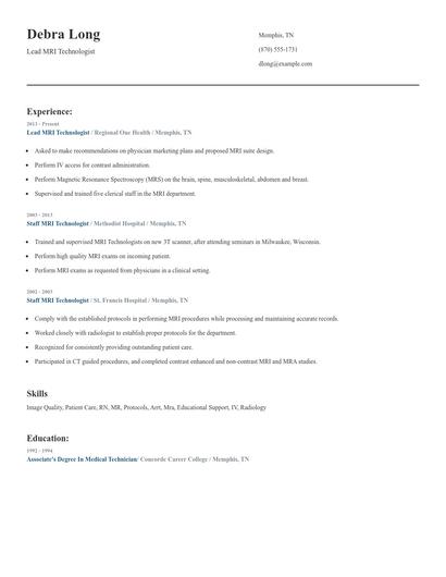 Lead MRI Technologist Resume