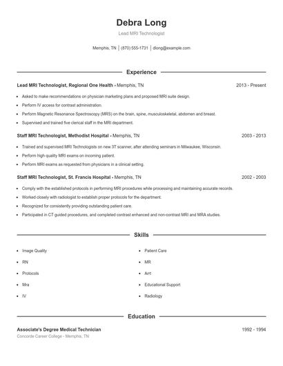 Lead MRI Technologist Resume
