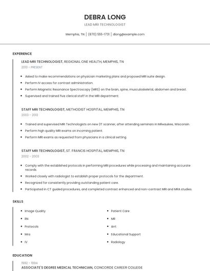 Lead MRI Technologist Resume