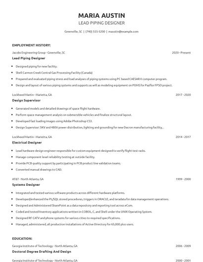 Lead Piping Designer Resume