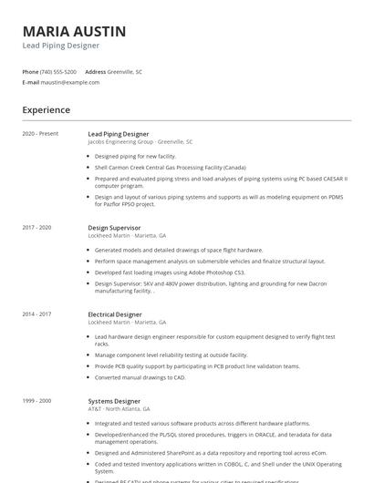 Lead Piping Designer Resume