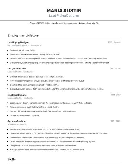 Lead Piping Designer Resume