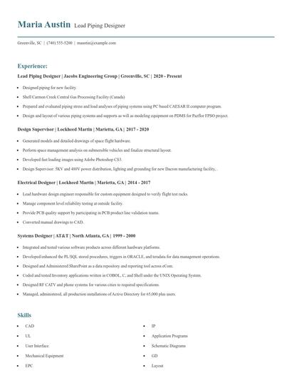 Lead Piping Designer Resume