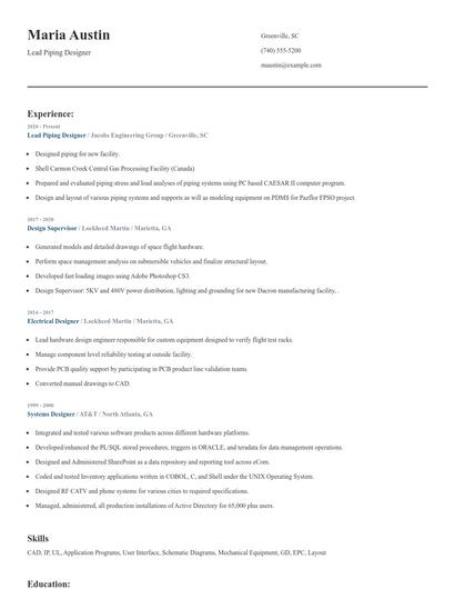 Lead Piping Designer Resume