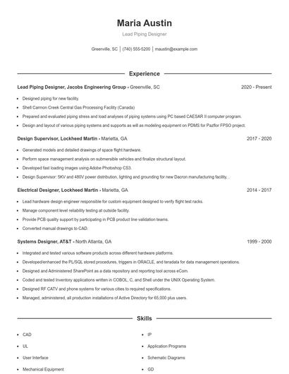 Lead Piping Designer Resume