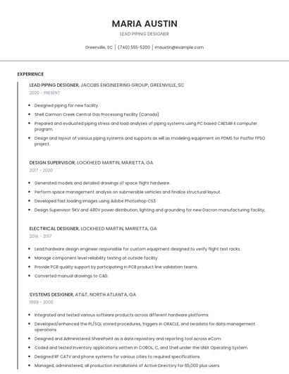 Lead Piping Designer Resume