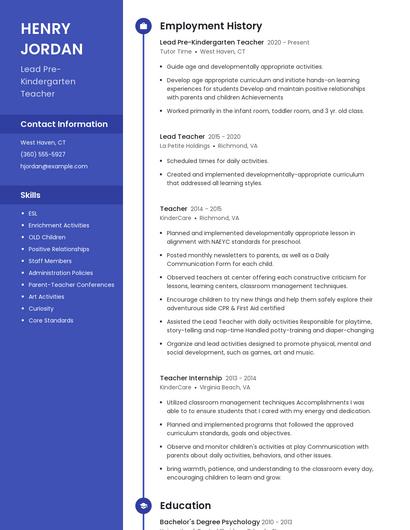 Lead Pre-Kindergarten Teacher Resume