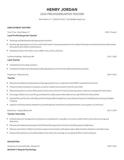 Lead Pre-Kindergarten Teacher Resume