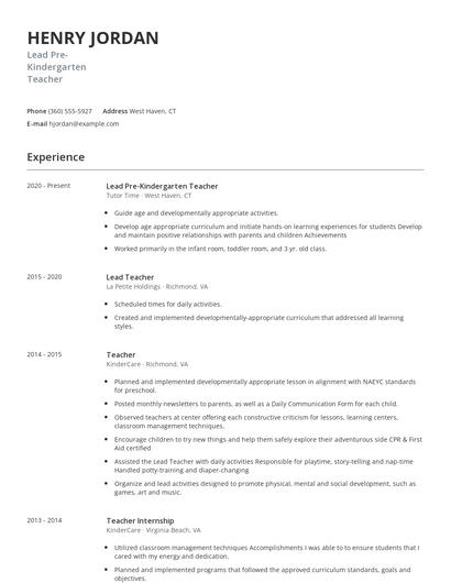 Lead Pre-Kindergarten Teacher Resume