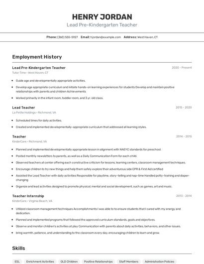 Lead Pre-Kindergarten Teacher Resume