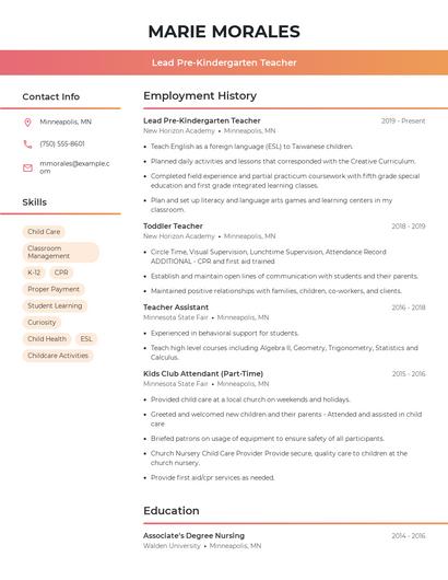 Lead Pre-Kindergarten Teacher Resume
