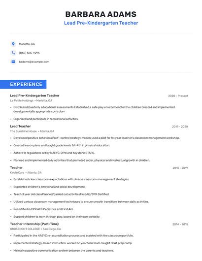Lead Pre-Kindergarten Teacher Resume