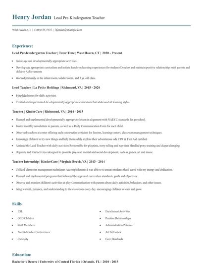 Lead Pre-Kindergarten Teacher Resume