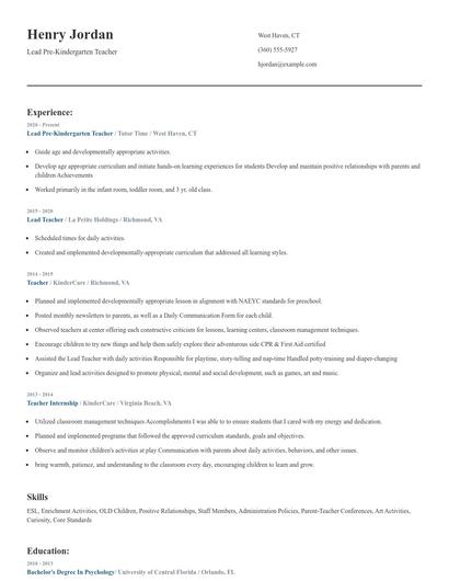 Lead Pre-Kindergarten Teacher Resume