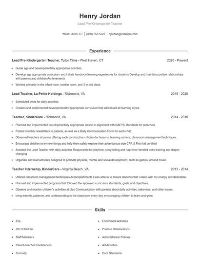 Lead Pre-Kindergarten Teacher Resume