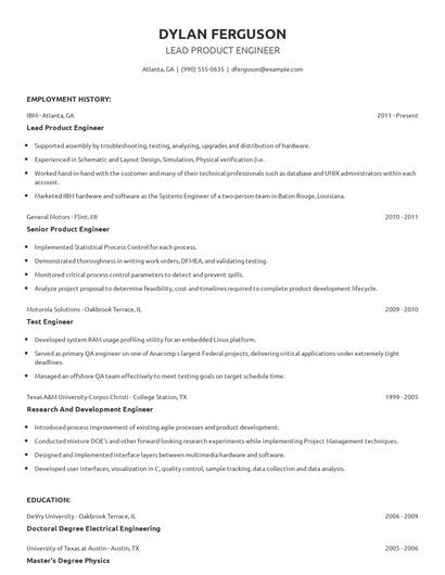 Lead Product Engineer Resume
