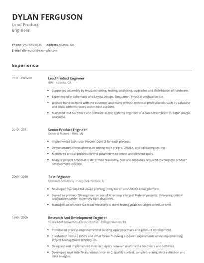 Lead Product Engineer Resume