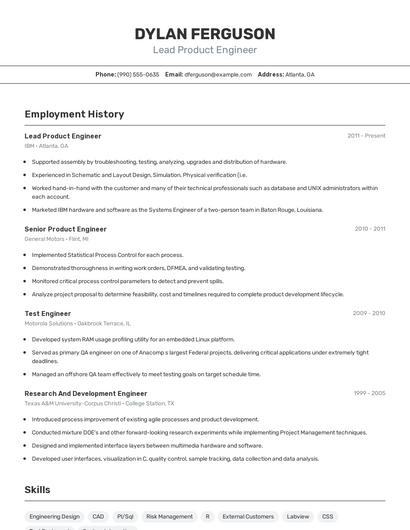 Lead Product Engineer Resume