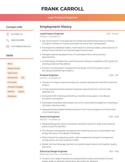 Lead Product Engineer Resume