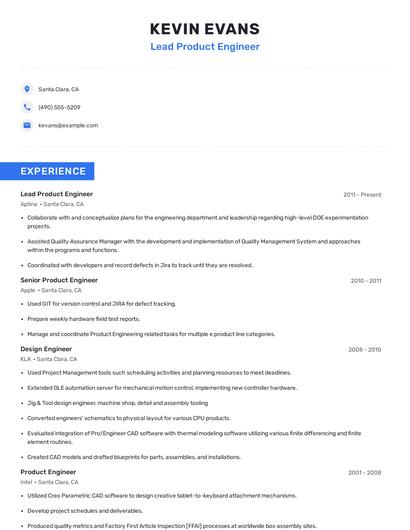 Lead Product Engineer Resume