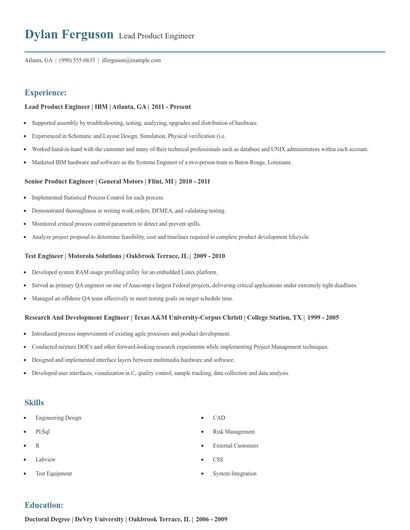 Lead Product Engineer Resume